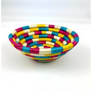 Vintage Decorative Woven Bowl Turquoise Yellow Pink Ivory 7”